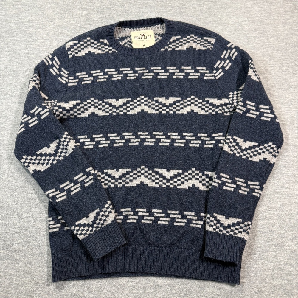 Hollister Blue and Cream Patterned Crewneck Sweater